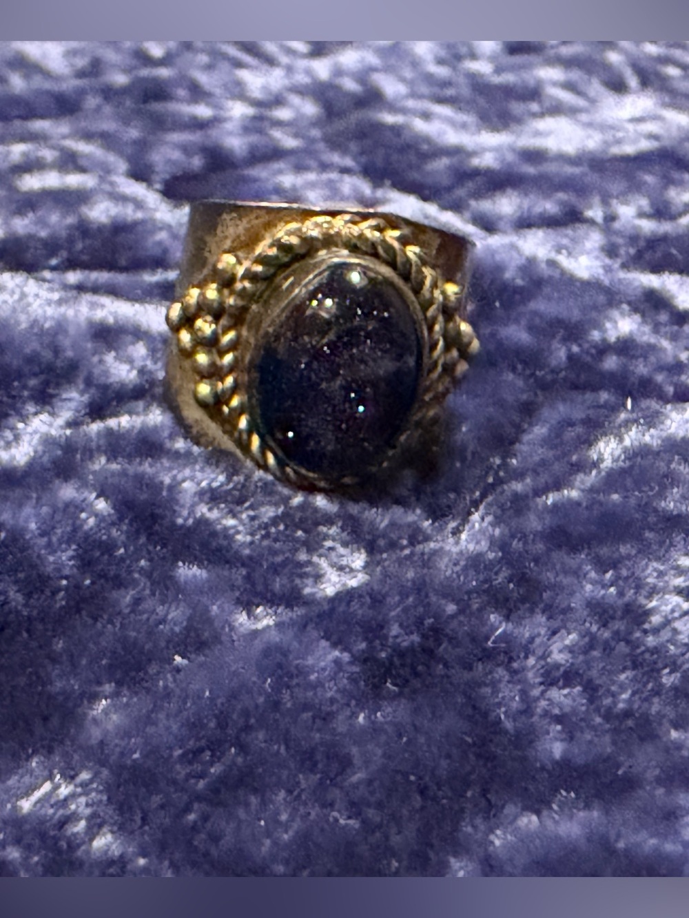 Silver Tone Ring with Dark Blue Glittering Stone